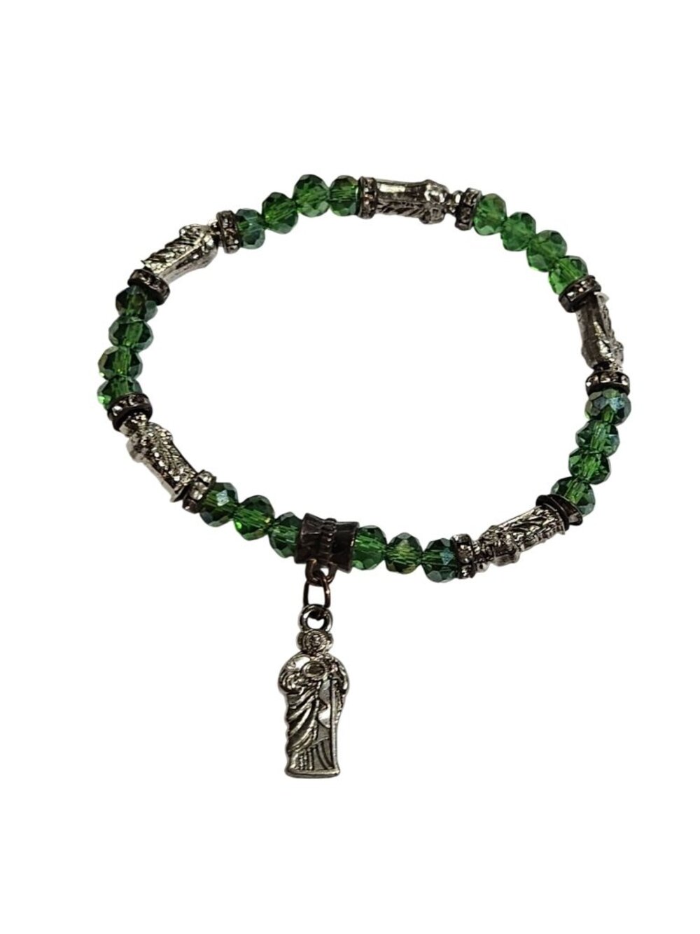 Saint Jude Stretchy Bracelet Silvertone Green Glass Beads 6.5 inches Unstretched